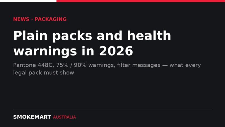 Smoke Mart Australia graphic: plain packaging and health warnings in 2026